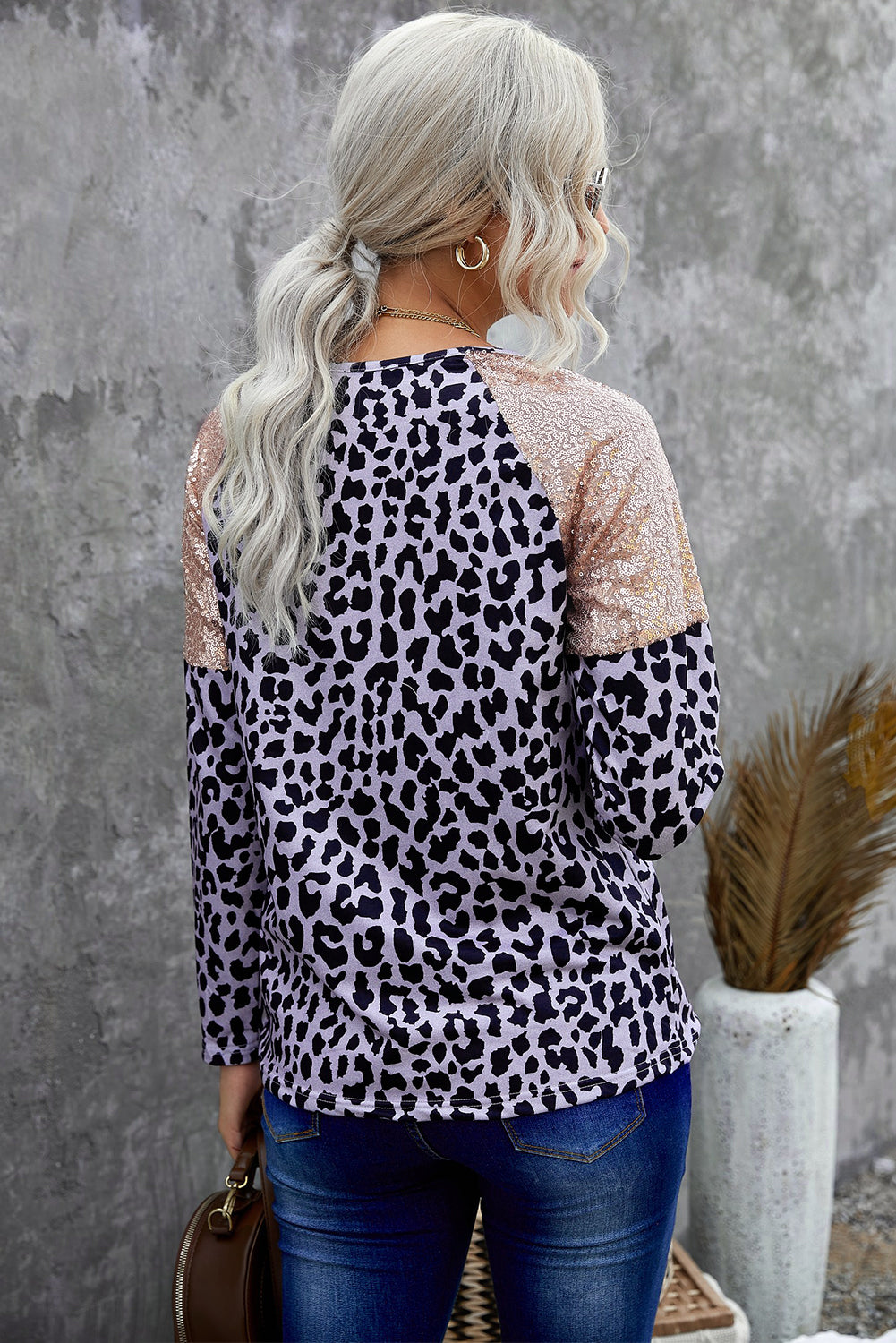 Sequin Shoulder Splicing Leopard Long Sleeve Top