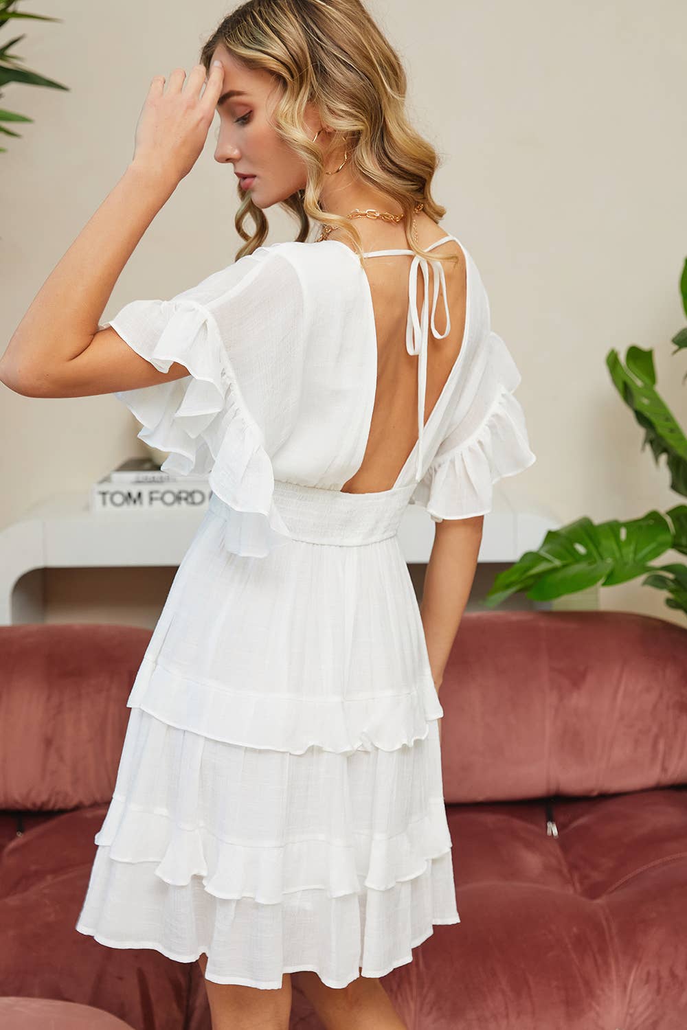 RUFFLE TIERED DRESS: MISTY BLUE / S