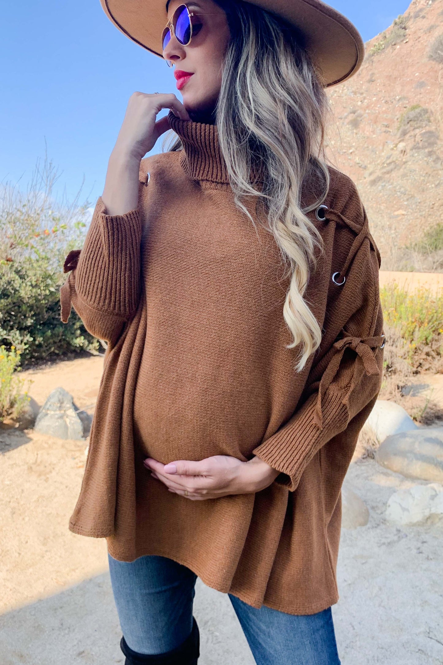 Cognac Lace Up Turtleneck Dolman Sleeve Knitted Top: Free / Cognac