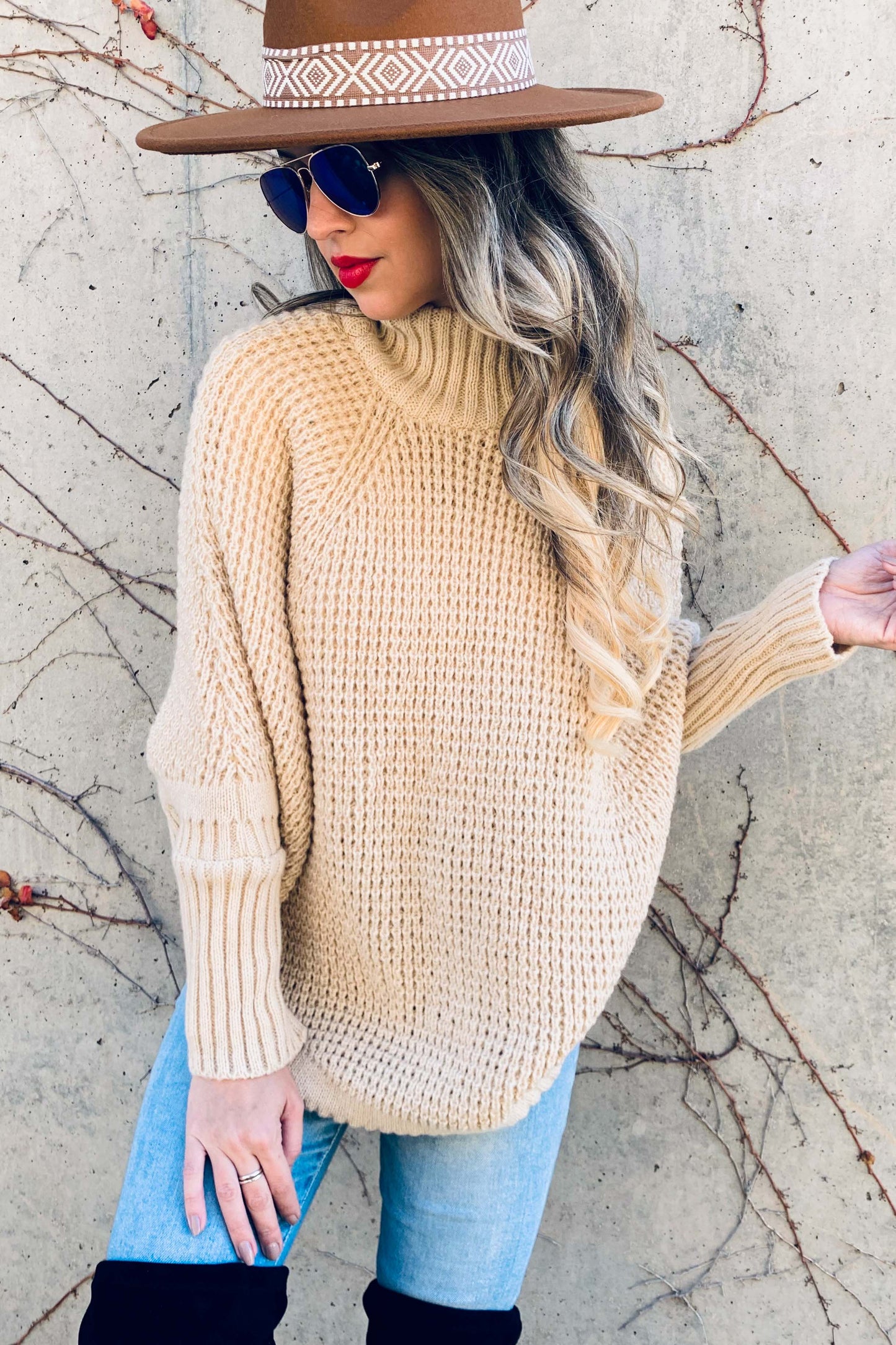 Oatmeal Dolman Sleeve Turtleneck Knitted Poncho Top