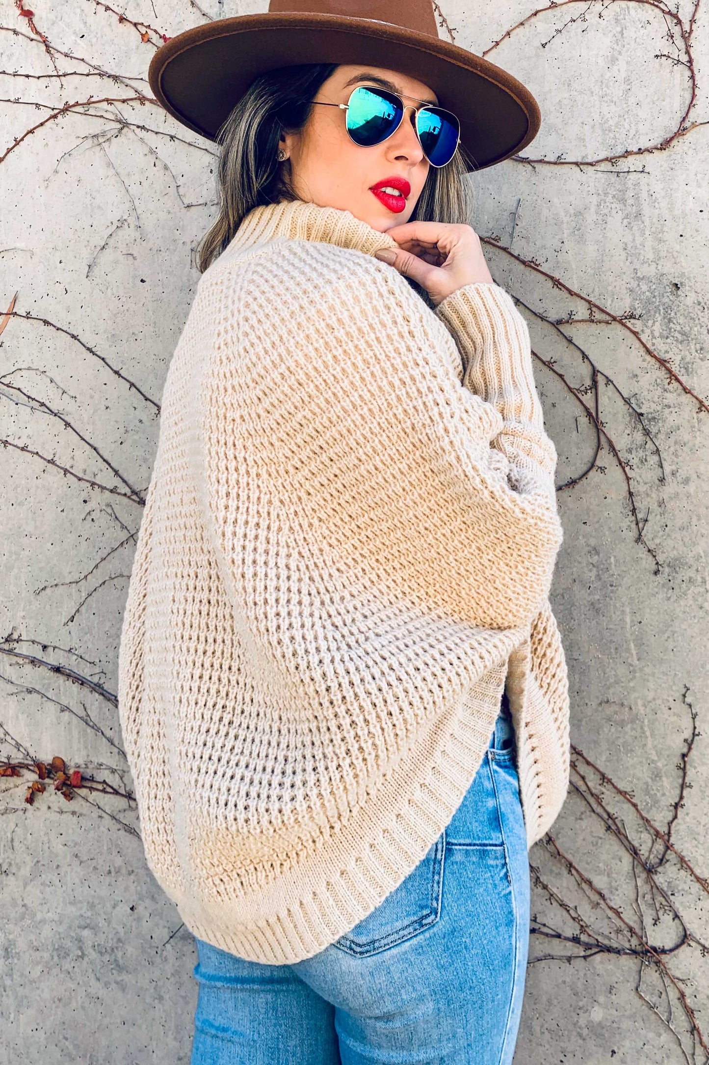 Oatmeal Dolman Sleeve Turtleneck Knitted Poncho Top