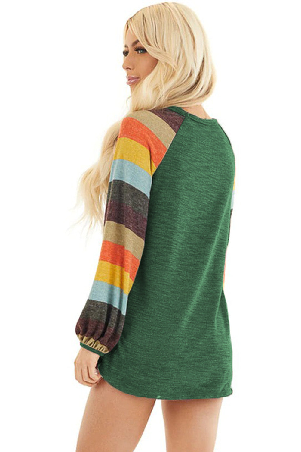 Multicolor Striped Balloon Sleeves Green Knit Top
