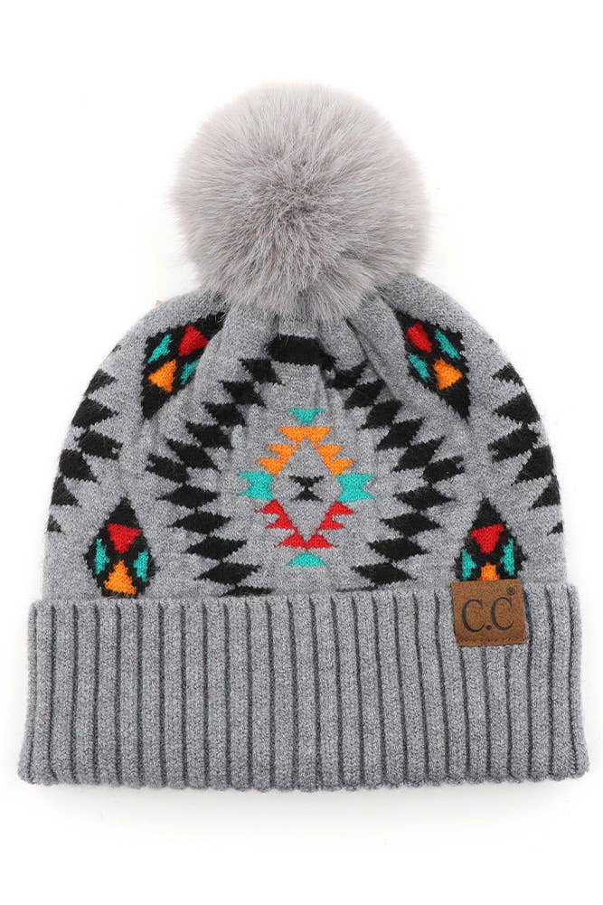 C.C Soft Aztec Pattern Beanie with Faux Fur Pom: Black