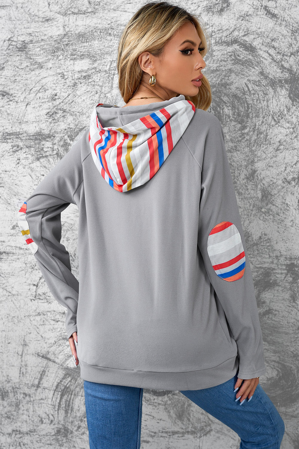 Rainbow Color Stripe Print Elbow Patch Hoodie