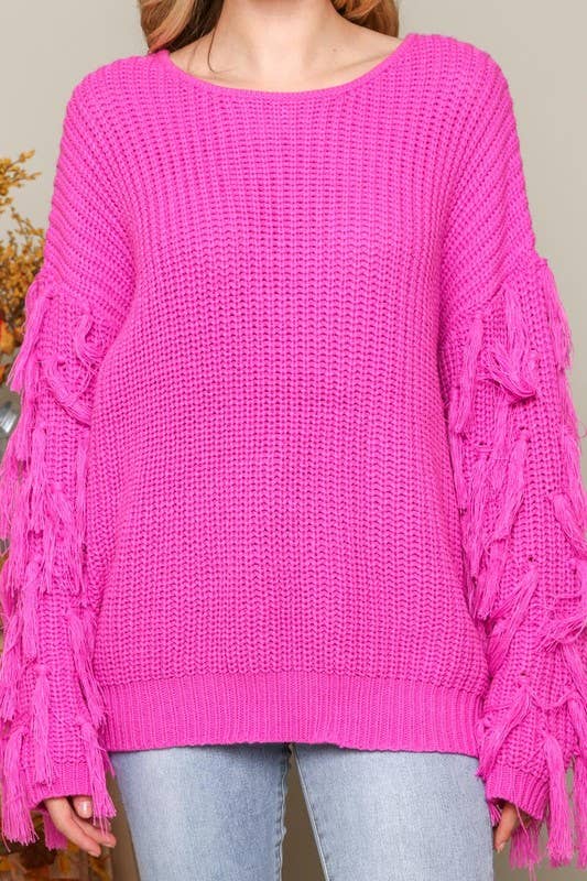 Fringed Sleeves Knit Sweater - S / Taupe