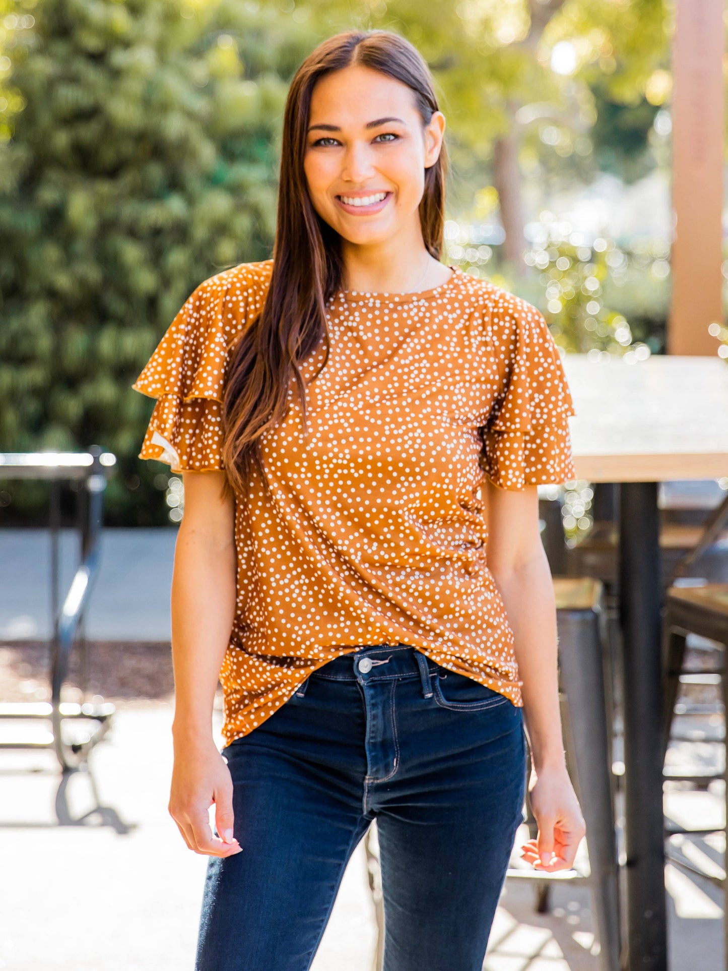 May Ruffle Sleeve Top: Medium / Dot Gold