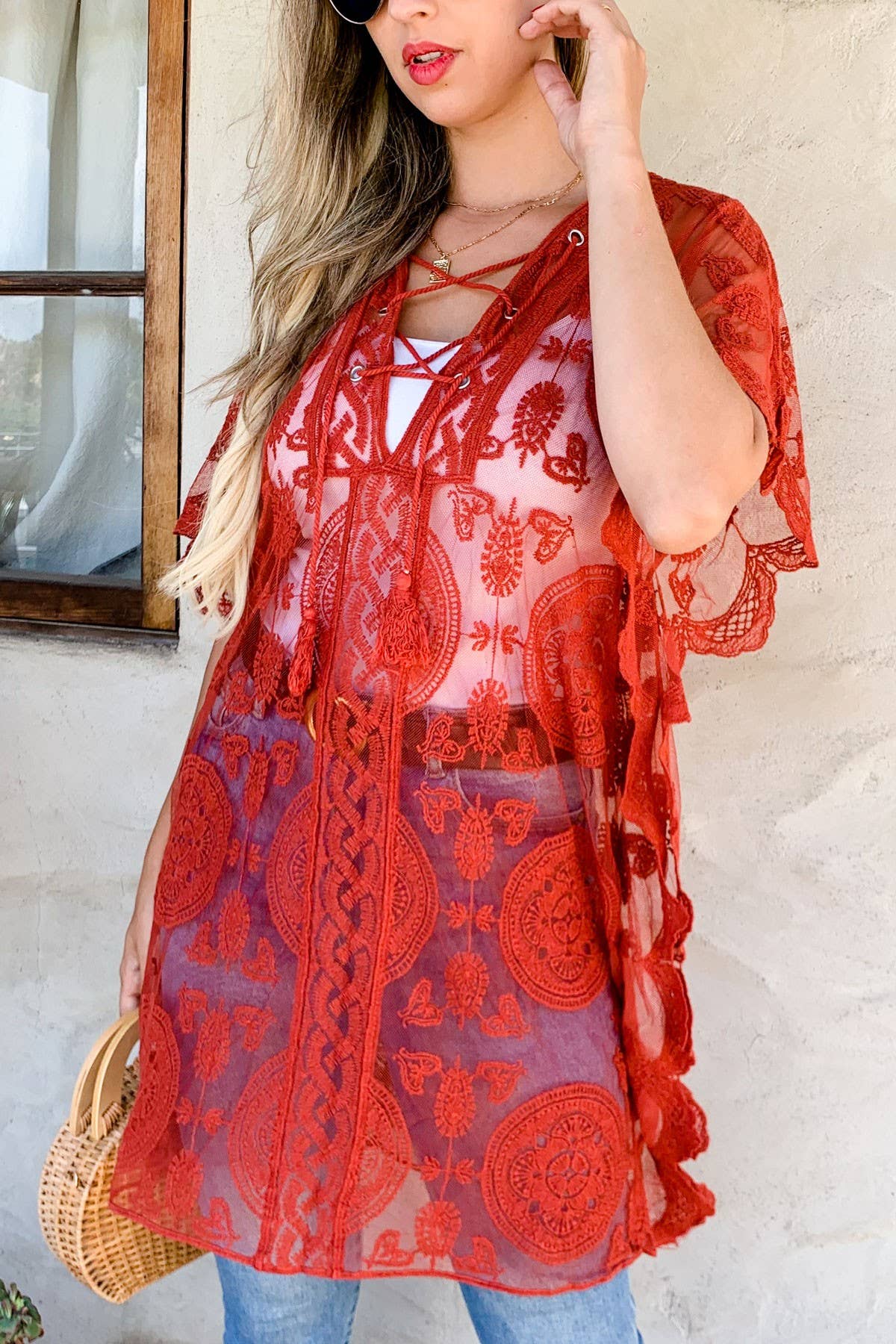 Floral Sheer Lace Poncho With Lace Up Detail Kimono Cover Up: Rust / One Size