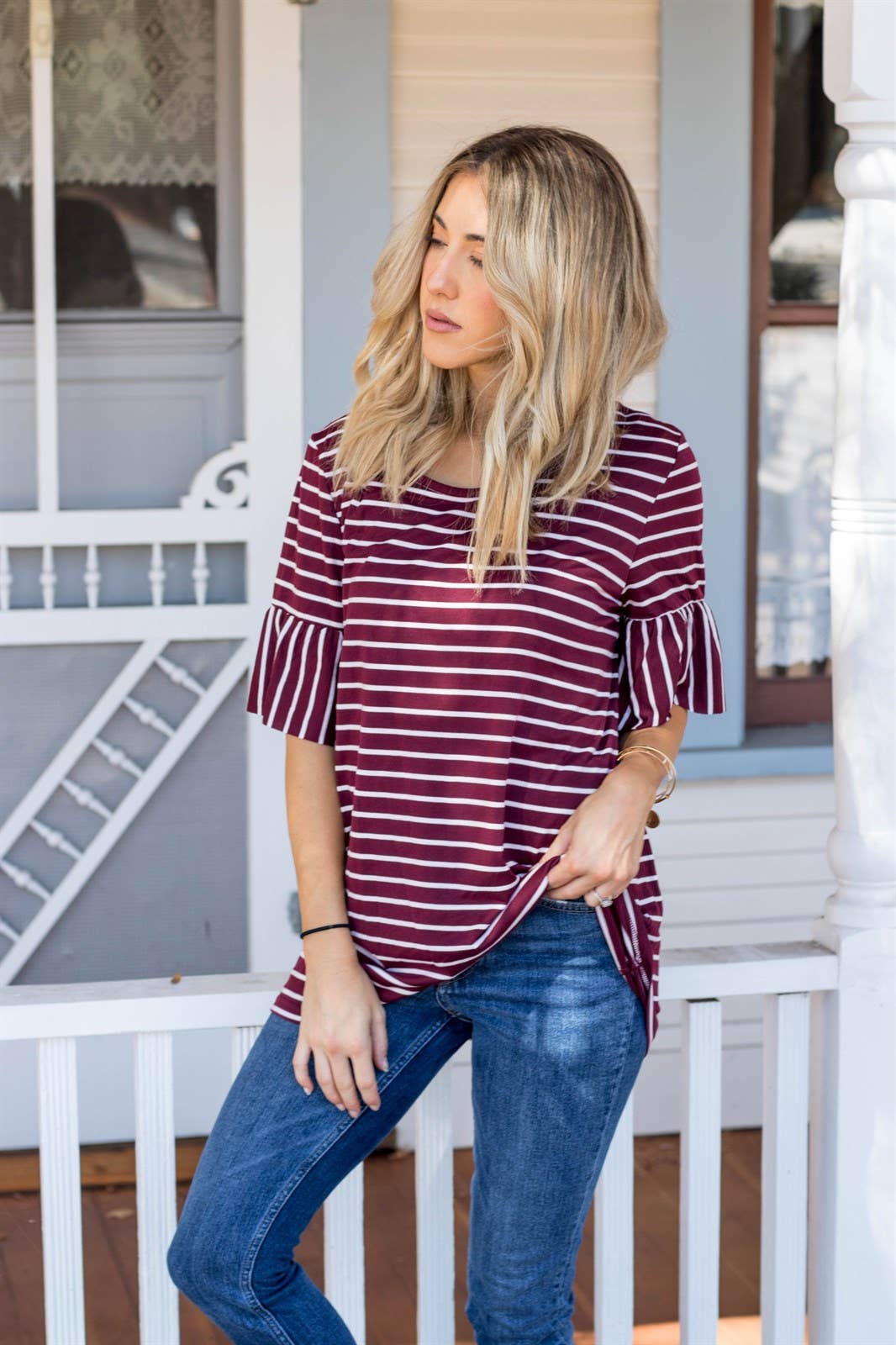 Payton Stripe Flare Sleeve Top | S-3X: X-Large / Burgundy