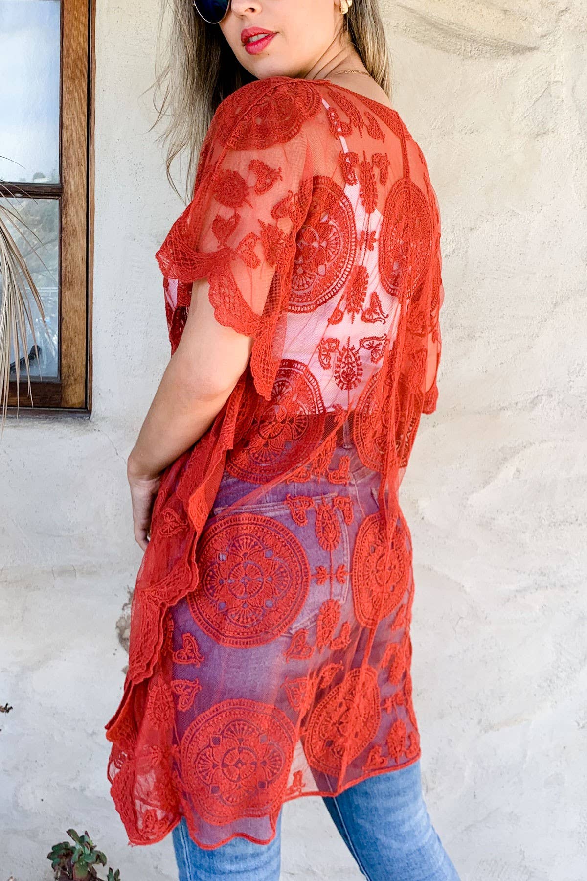 Floral Sheer Lace Poncho With Lace Up Detail Kimono Cover Up: Rust / One Size
