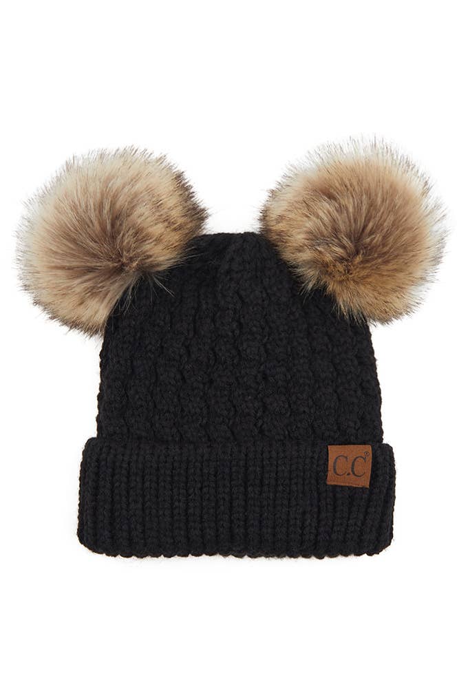 C.C Double Pom Pom All Over Cable Knit Beanie: Red