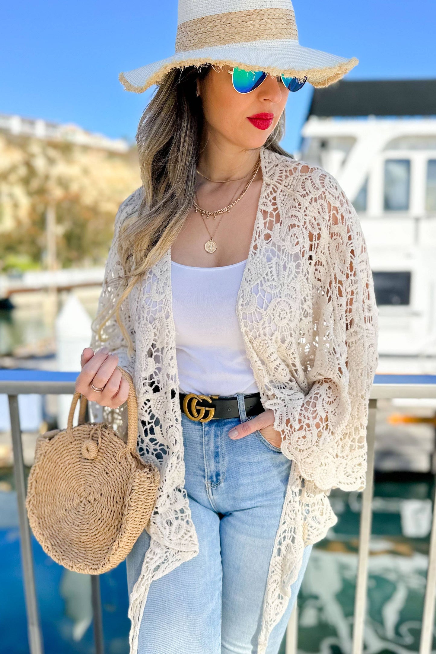 Ivory Floral Crochet Bell Sleeve Open Front Cardigan CoverUp: Free / Ivory