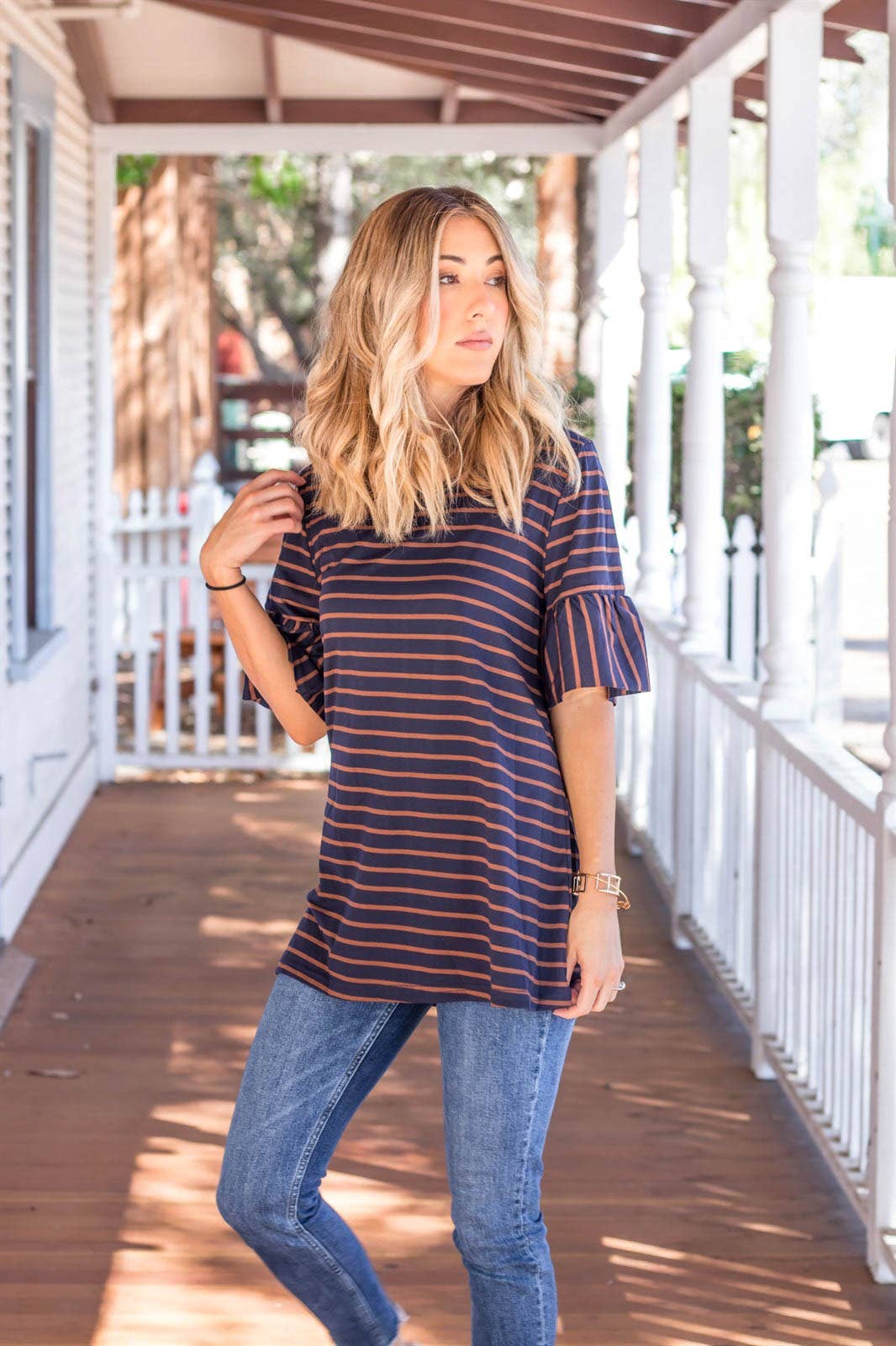 Payton Stripe Flare Sleeve Top | S-3X: Small / Burgundy