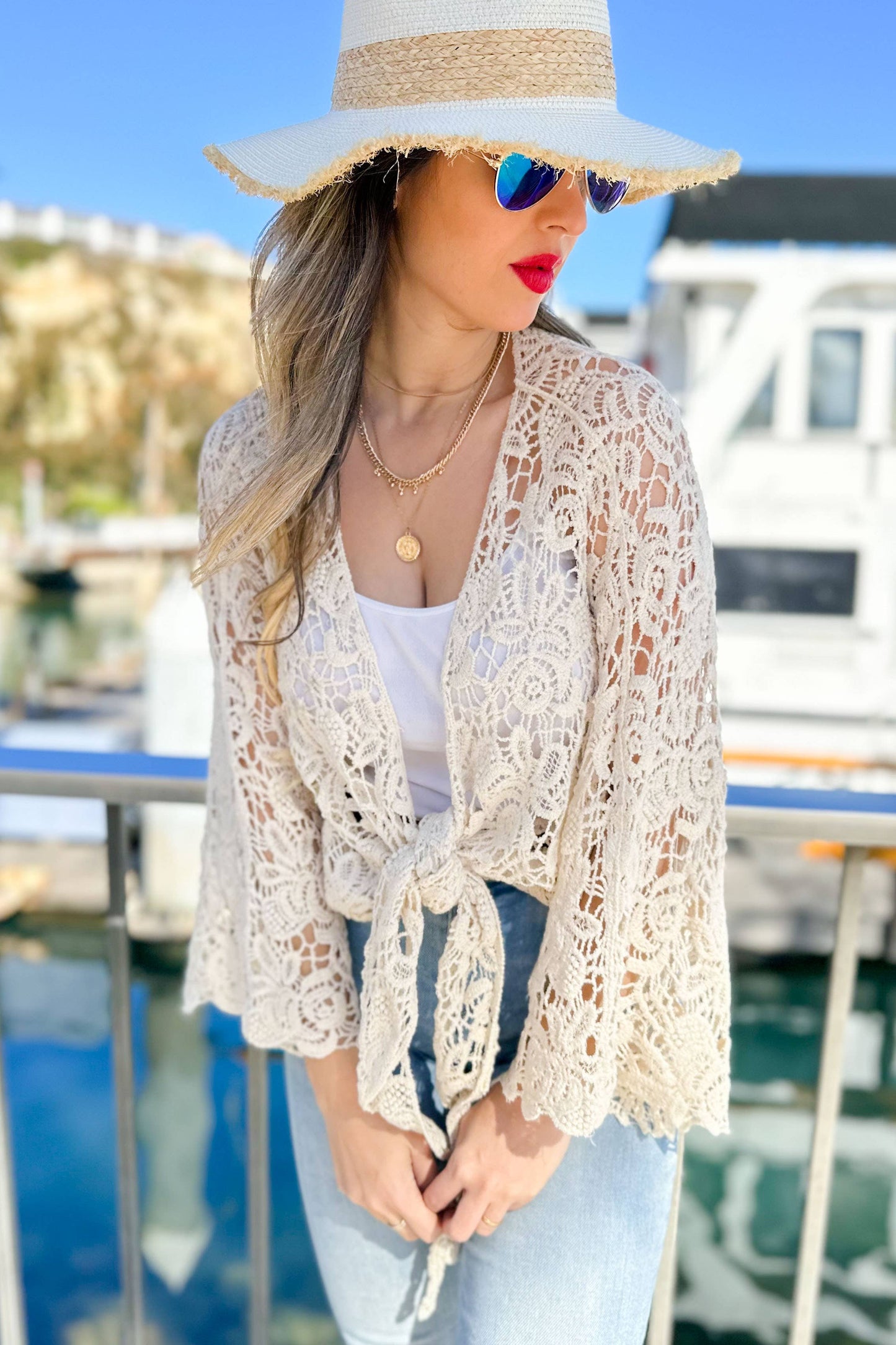 Ivory Floral Crochet Bell Sleeve Open Front Cardigan CoverUp: Free / Ivory
