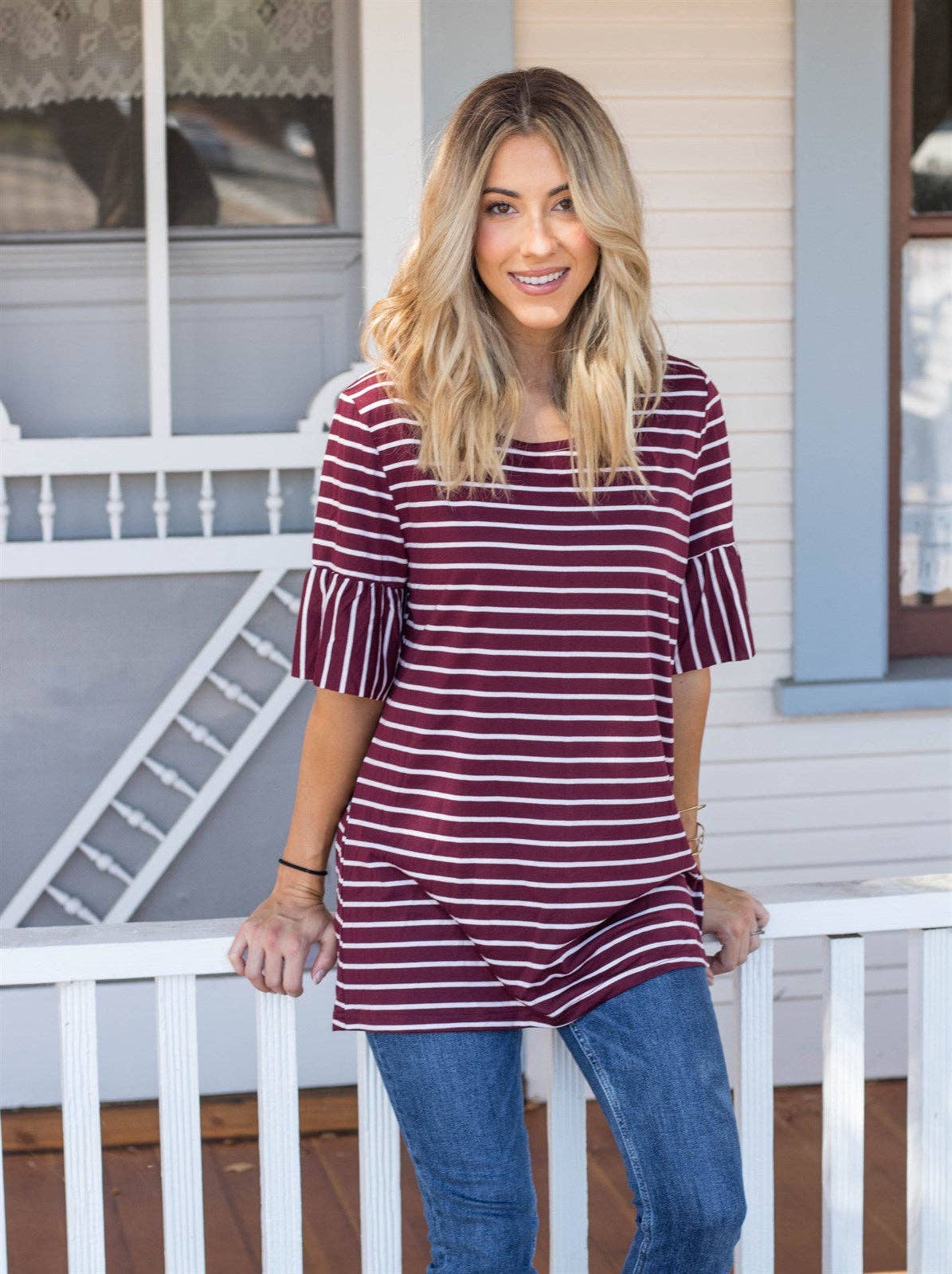 Payton Stripe Flare Sleeve Top | S-3X: Small / Burgundy