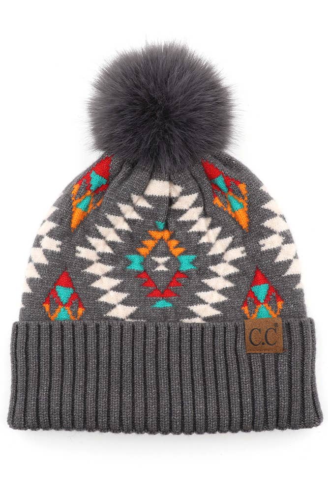 C.C Soft Aztec Pattern Beanie with Faux Fur Pom: Black