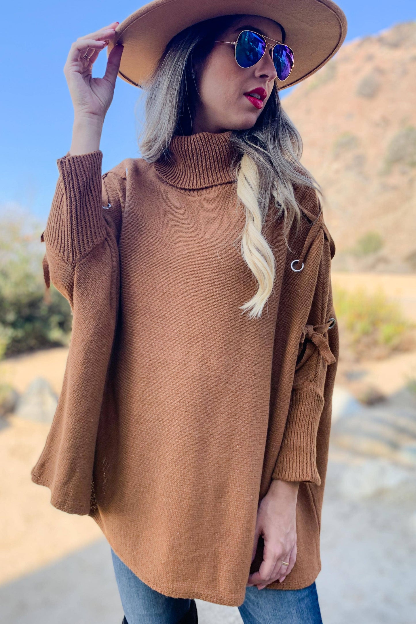 Cognac Lace Up Turtleneck Dolman Sleeve Knitted Top: Free / Cognac