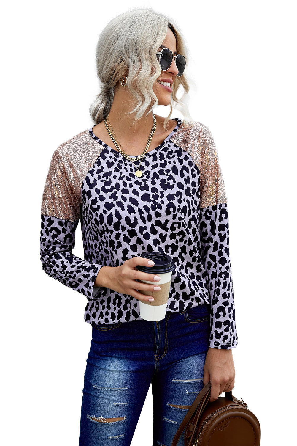 Sequin Shoulder Splicing Leopard Long Sleeve Top