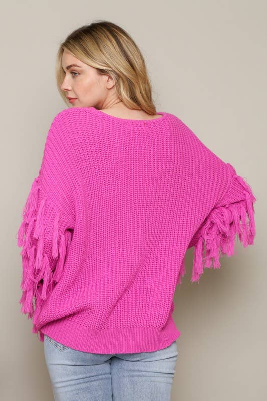 Fringed Sleeves Knit Sweater - S / Taupe