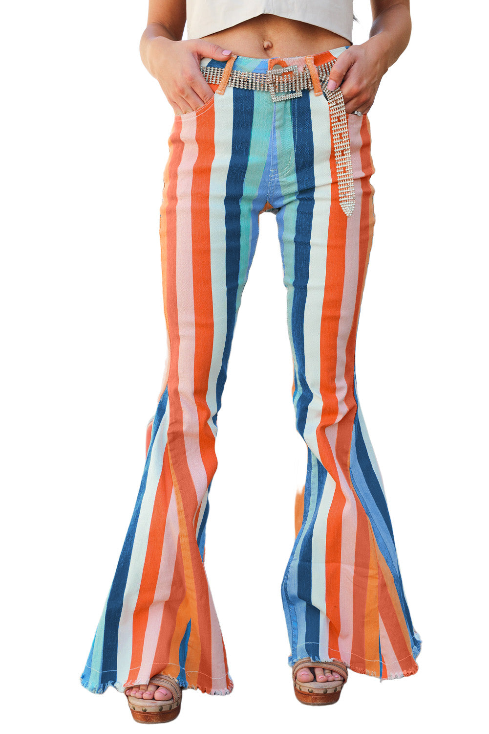 Multicolor Striped Raw Hem Flared Bottom Denim Pants