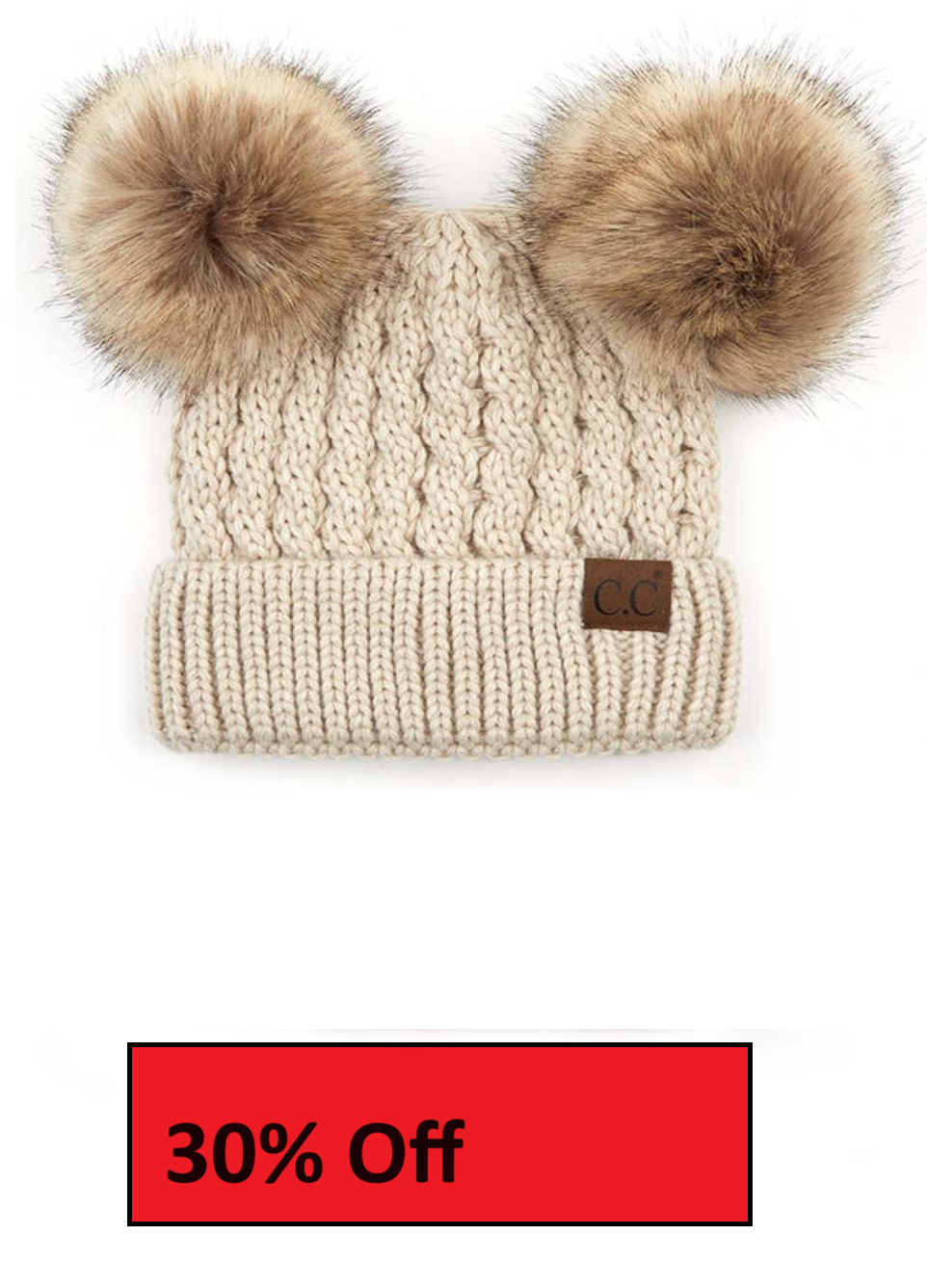 C.C Double Pom Pom All Over Cable Knit Beanie: Beige