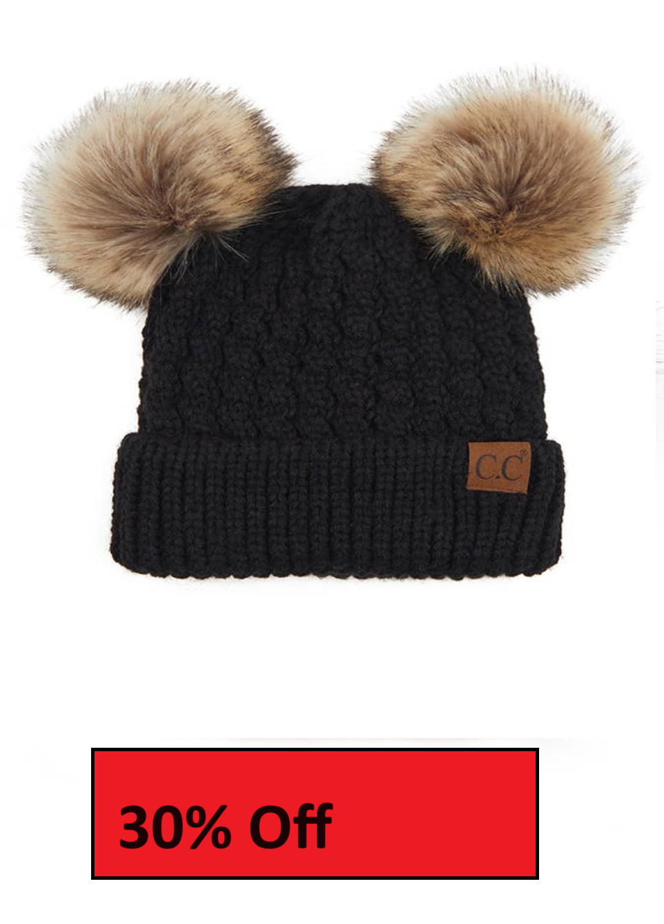 C.C Double Pom Pom All Over Cable Knit Beanie: Black