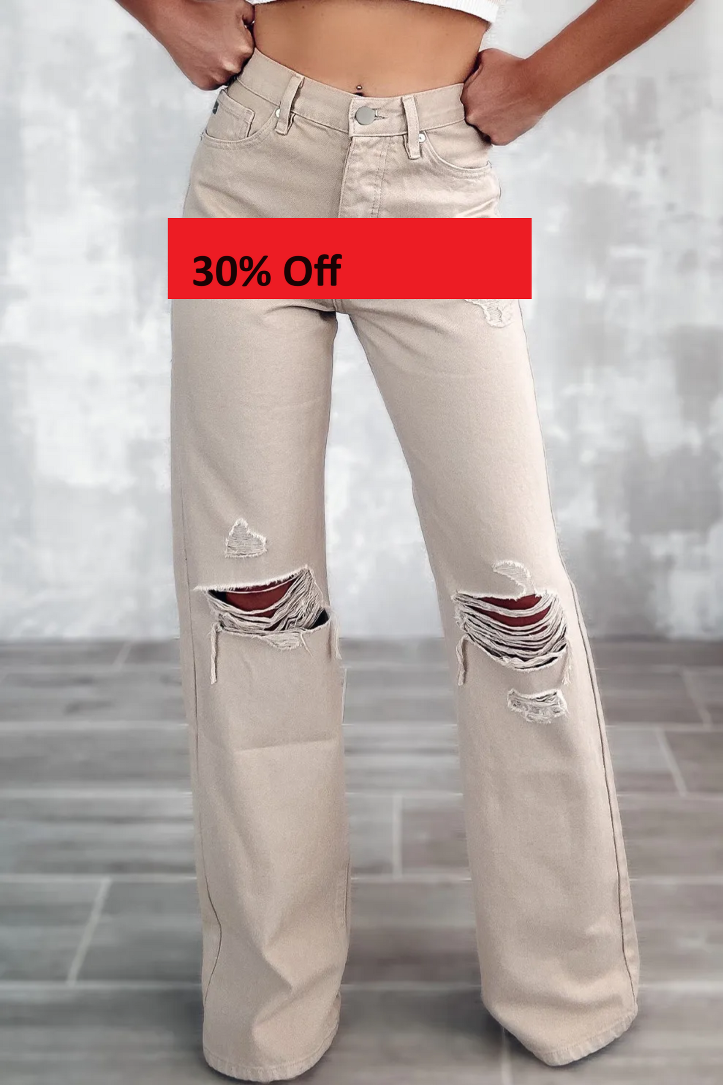 Khaki High Waist Ripped Wide-Leg Jeans
