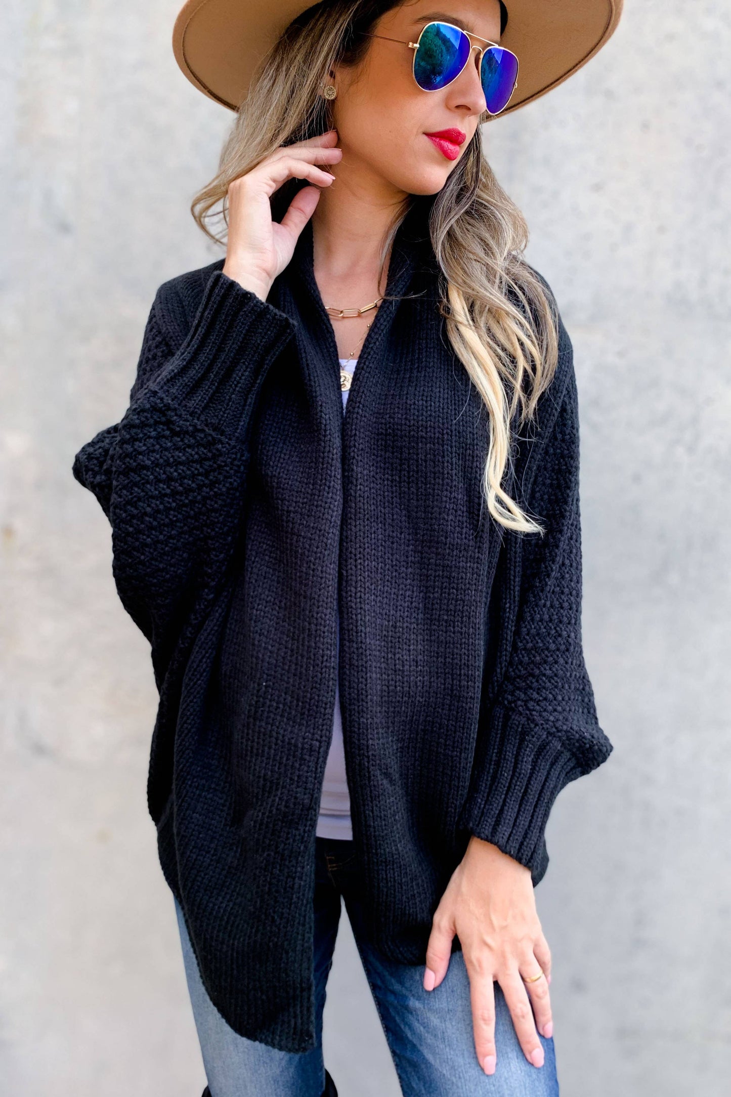 Black Textured Knit Dolman Sleeve Cardigan: Free / Black