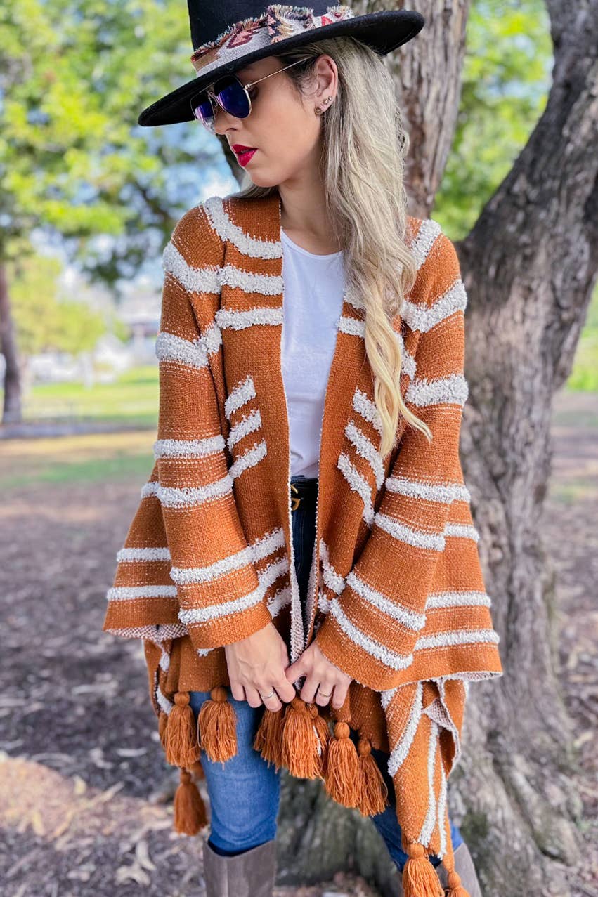 Western Textured Pattern With Chunky Tassel Knitted Cardigan