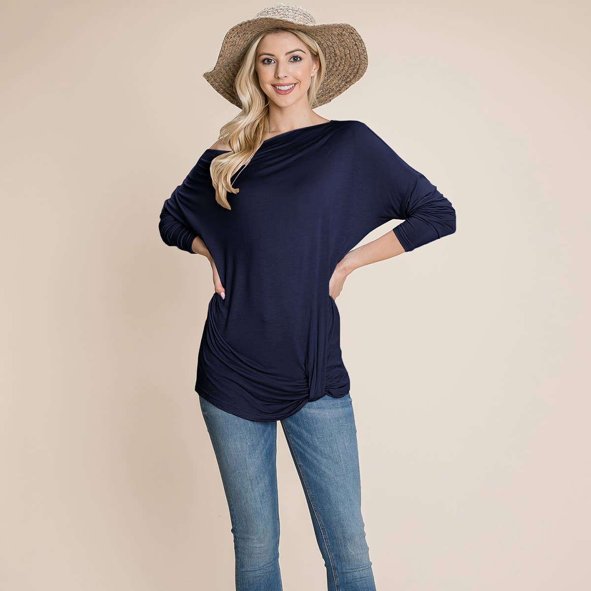 Twist Knot Front Dolman Tunics Tops Tshirts: Navy