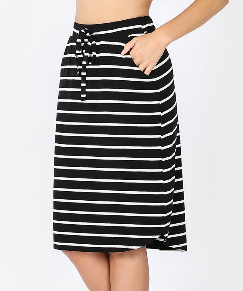 ,...SI-16793 Stripe Self Tie Tulip Hem Skirt: S / NAVY/IVORY-94798