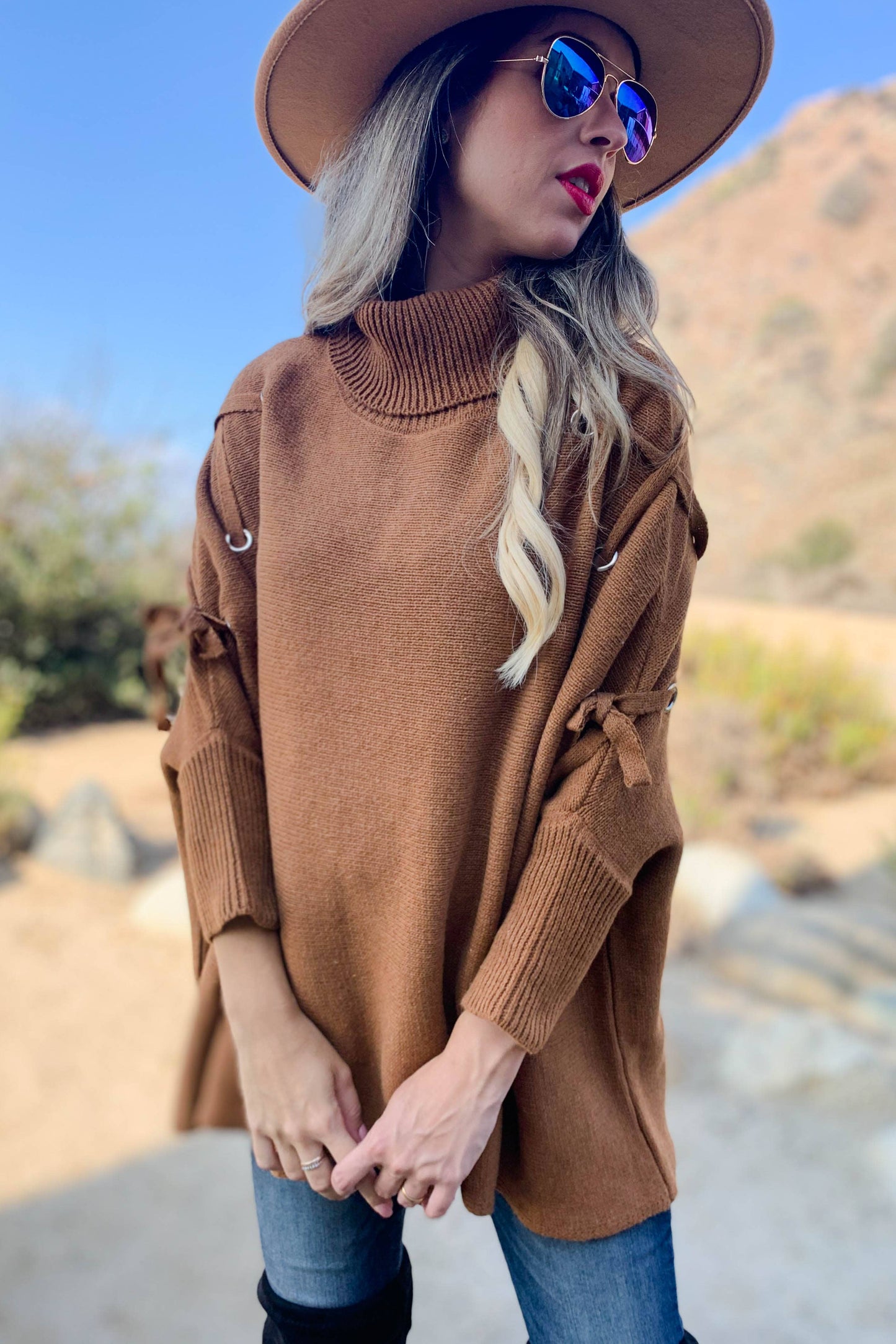 Cognac Lace Up Turtleneck Dolman Sleeve Knitted Top: Free / Cognac