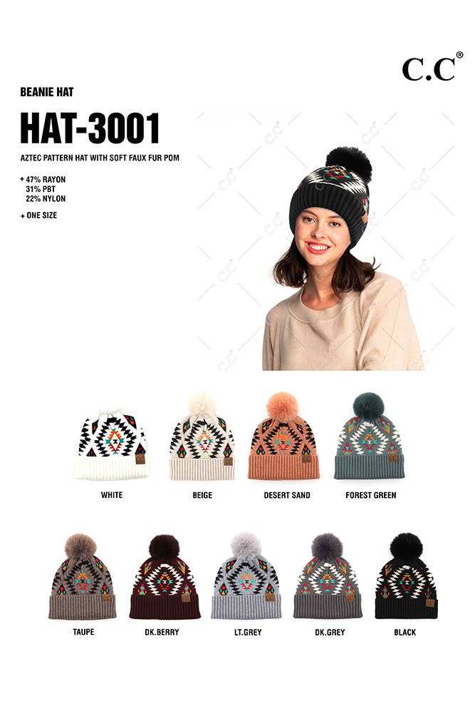 C.C Soft Aztec Pattern Beanie with Faux Fur Pom: Black