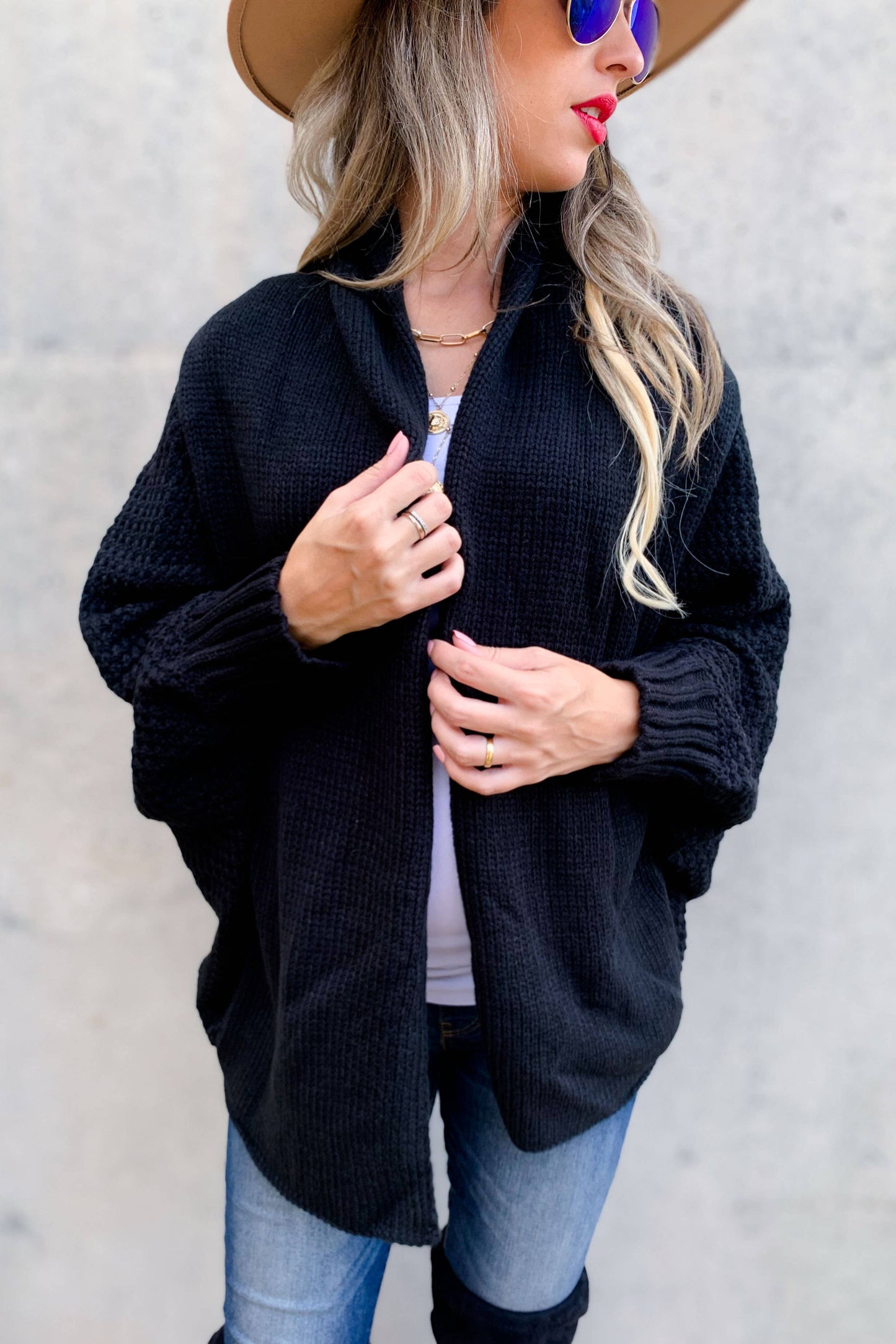 Black Textured Knit Dolman Sleeve Cardigan: Free / Black