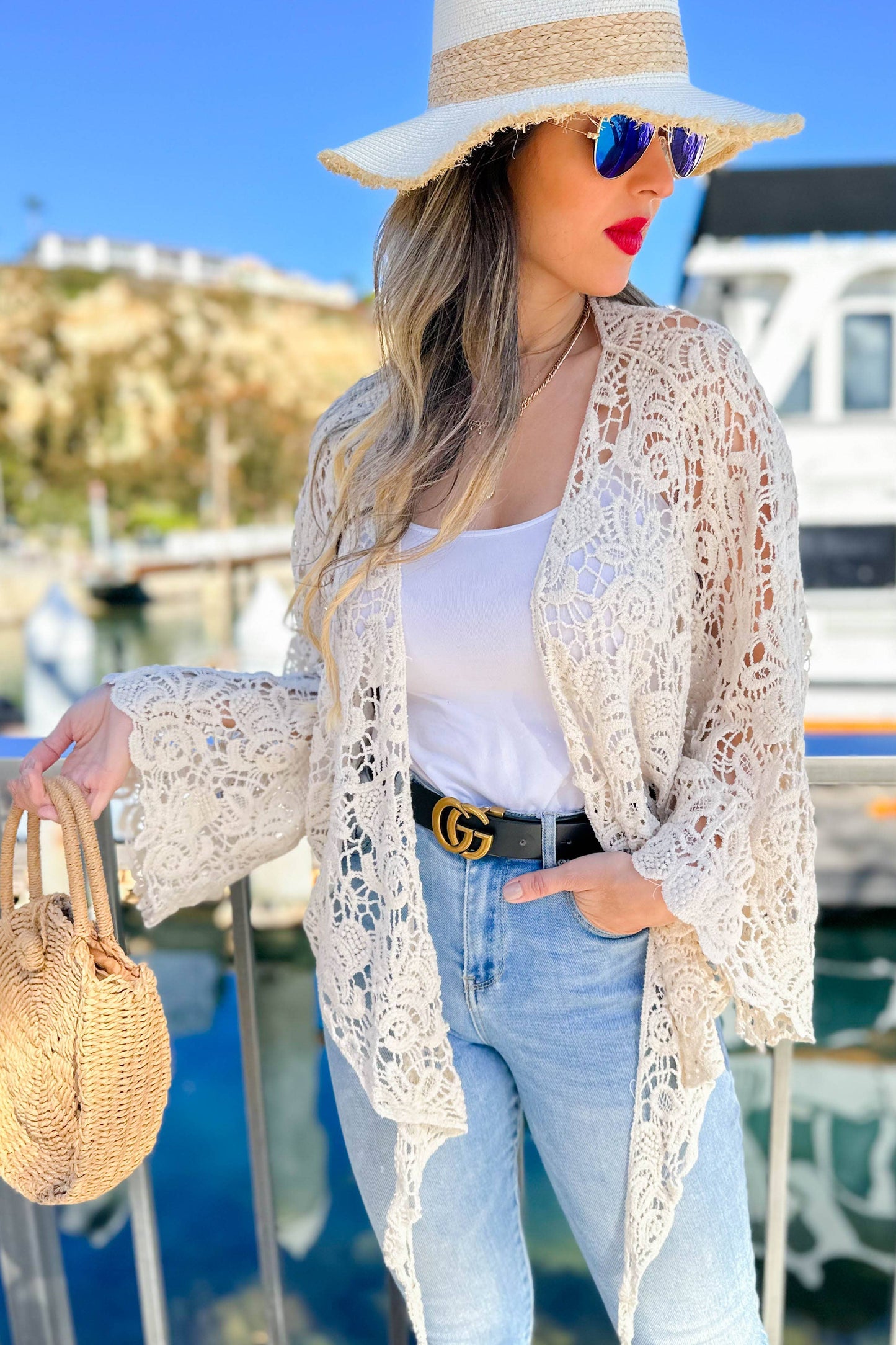 Ivory Floral Crochet Bell Sleeve Open Front Cardigan CoverUp: Free / Ivory