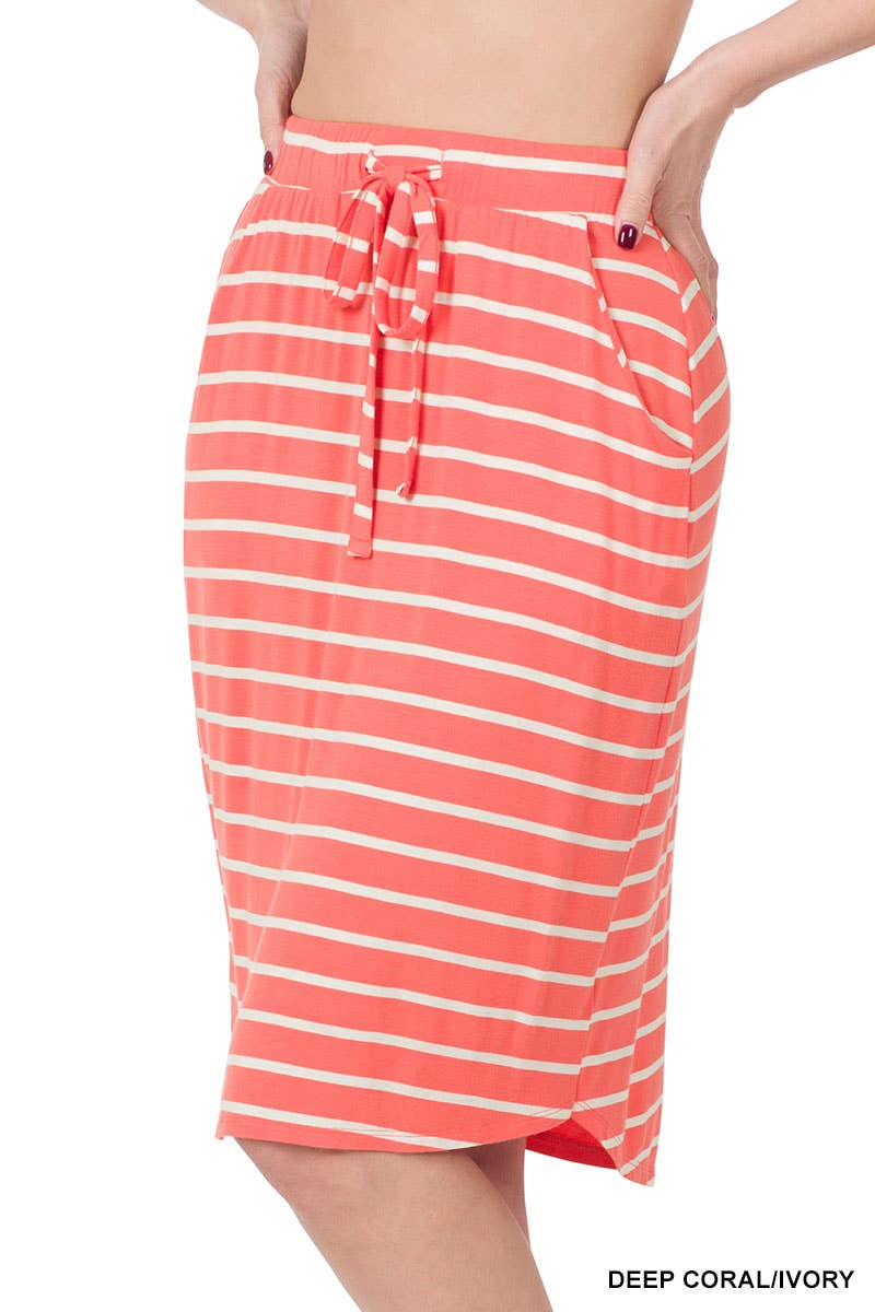 ,...SI-16793 Stripe Self Tie Tulip Hem Skirt: L / NAVY/IVORY-94798