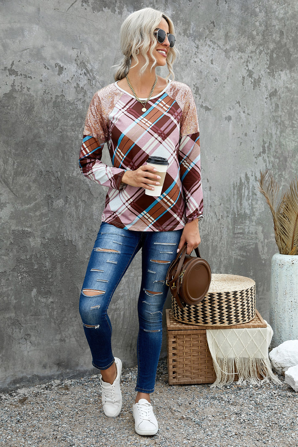 Sequin Shoulder Splicing Leopard Long Sleeve Top