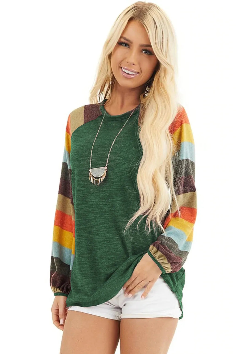 Multicolor Striped Balloon Sleeves Green Knit Top
