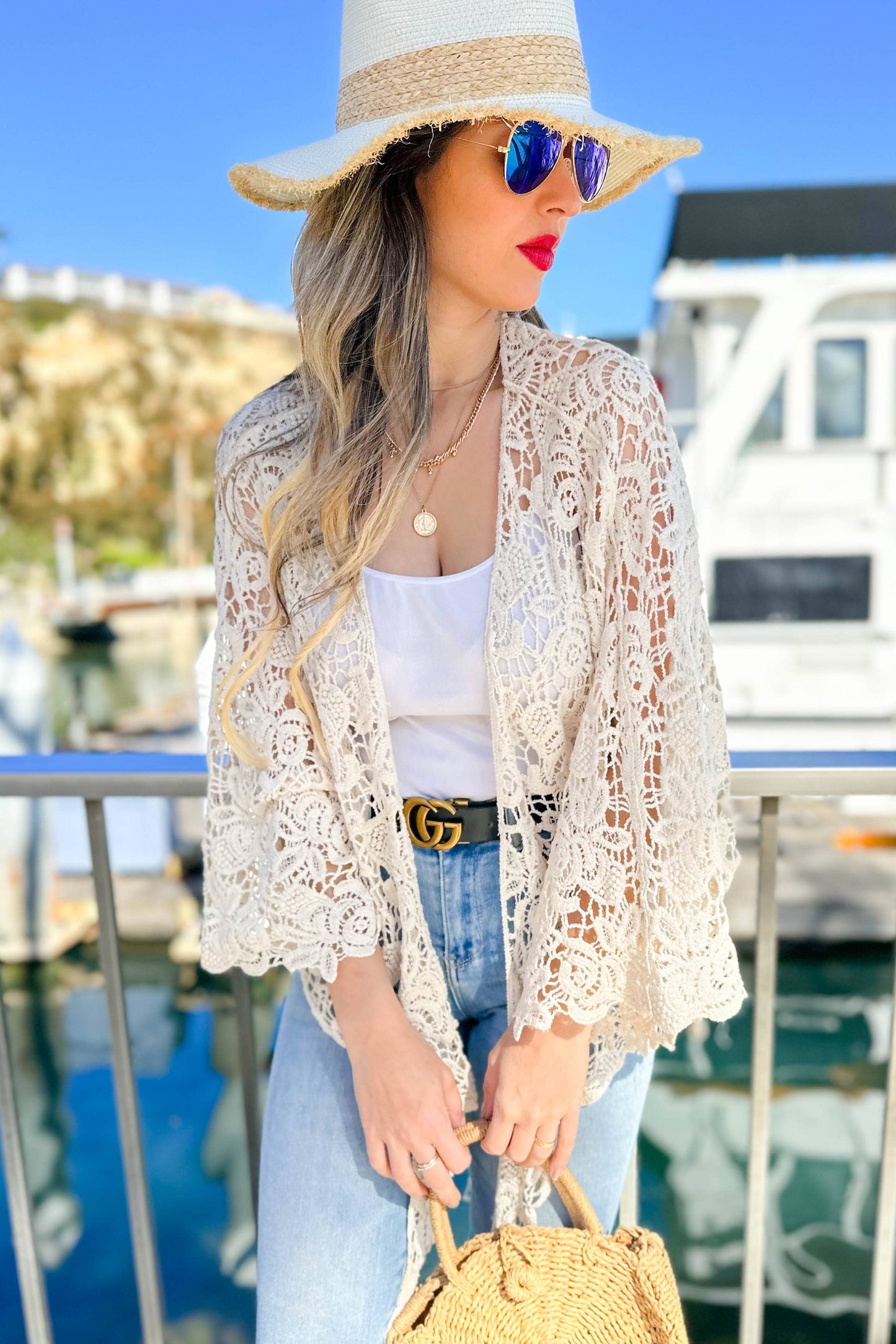 Ivory Floral Crochet Bell Sleeve Open Front Cardigan CoverUp: Free / Ivory