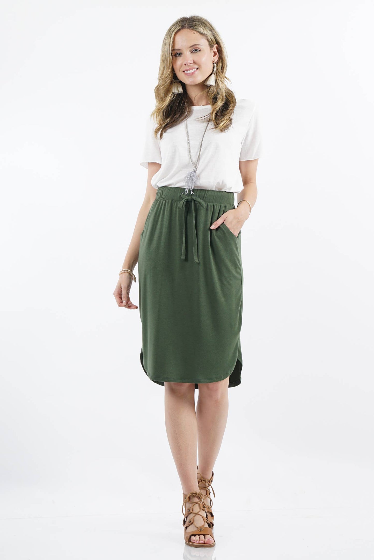 Elastic Waist Tulip Hem Skirt: Lt Olive