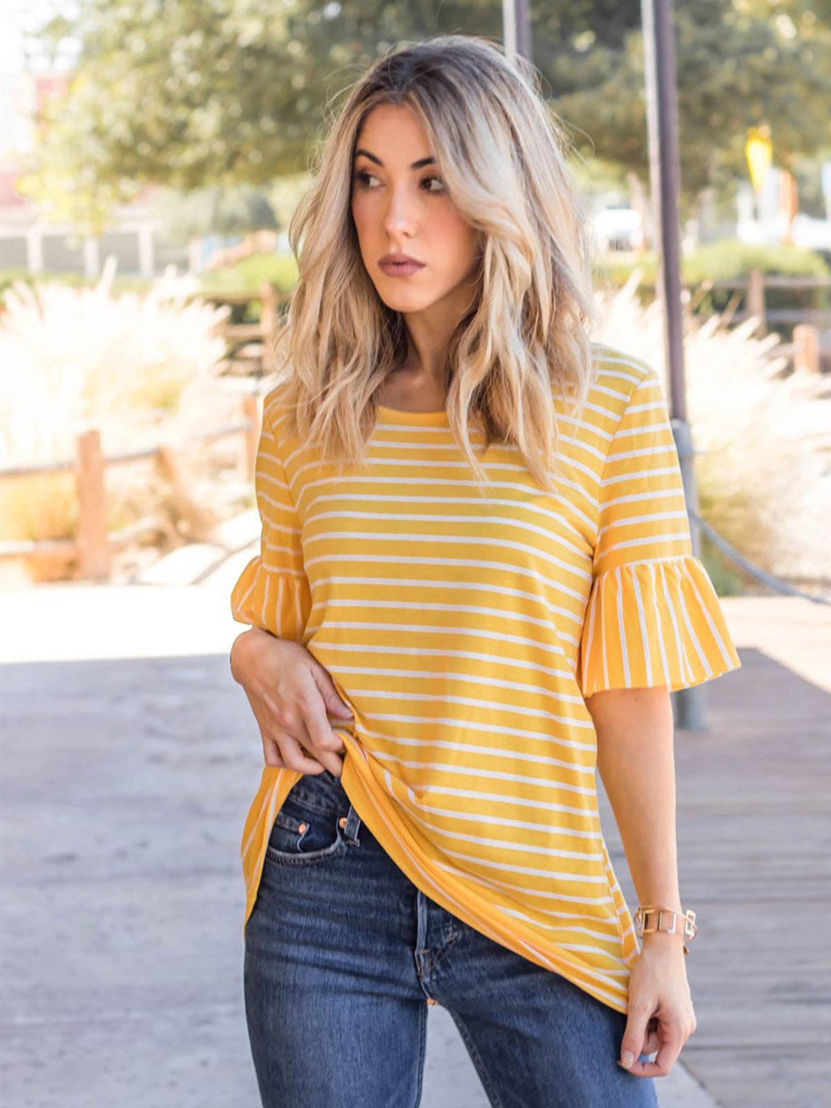 Payton Stripe Flare Sleeve Top | S-3X: X-Large / Burgundy
