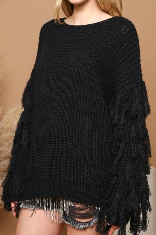 Fringed Sleeves Knit Sweater - S / Taupe