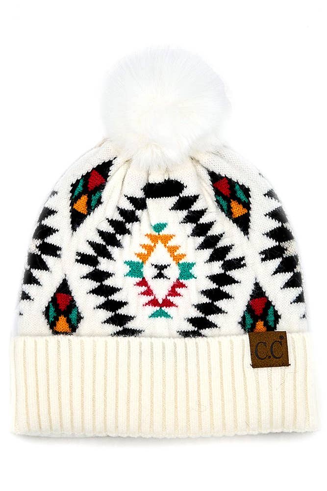C.C Soft Aztec Pattern Beanie with Faux Fur Pom: Black