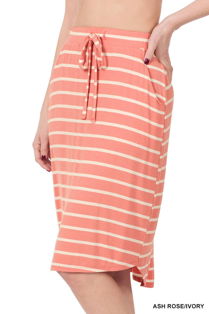 ,...SI-16793 Stripe Self Tie Tulip Hem Skirt: S / NAVY/IVORY-94798