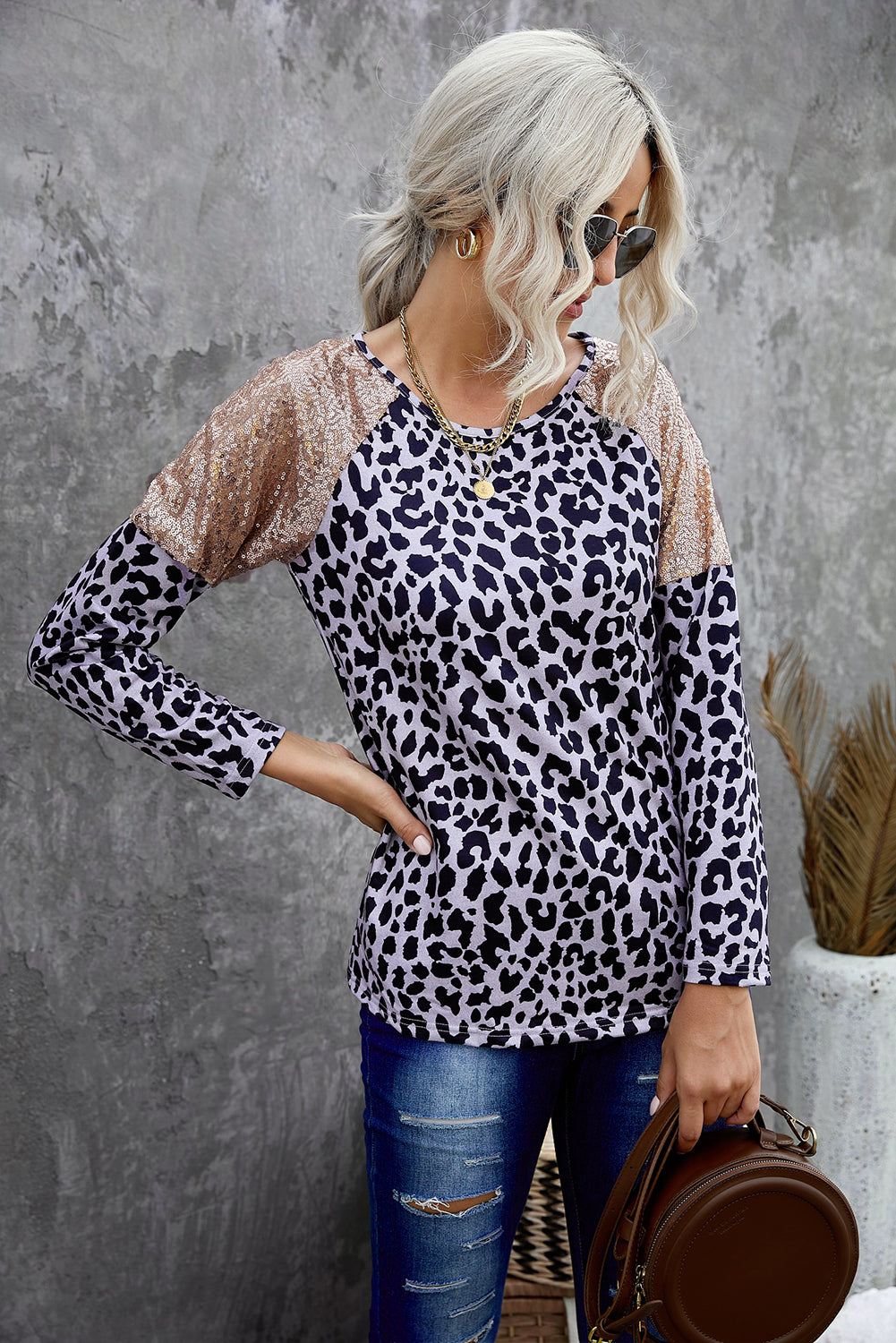 Sequin Shoulder Splicing Leopard Long Sleeve Top