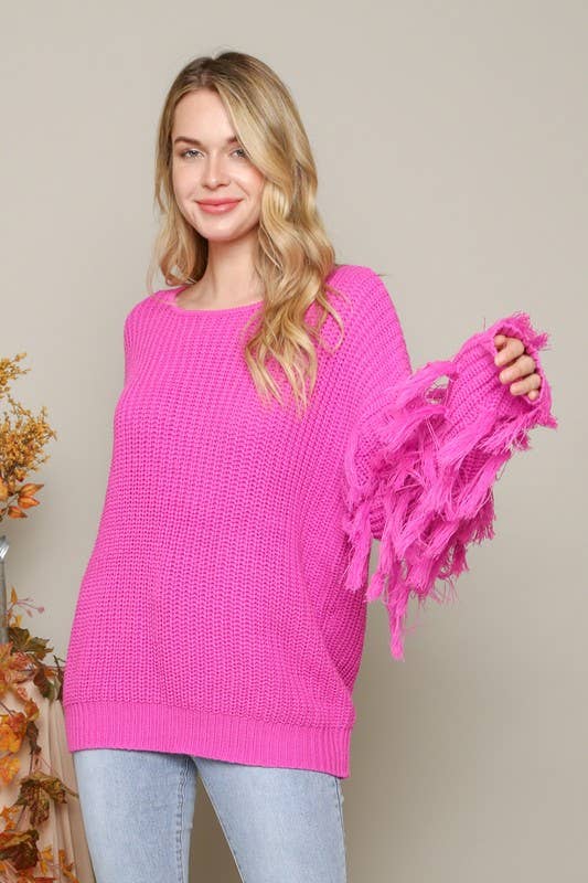 Fringed Sleeves Knit Sweater - S / Taupe