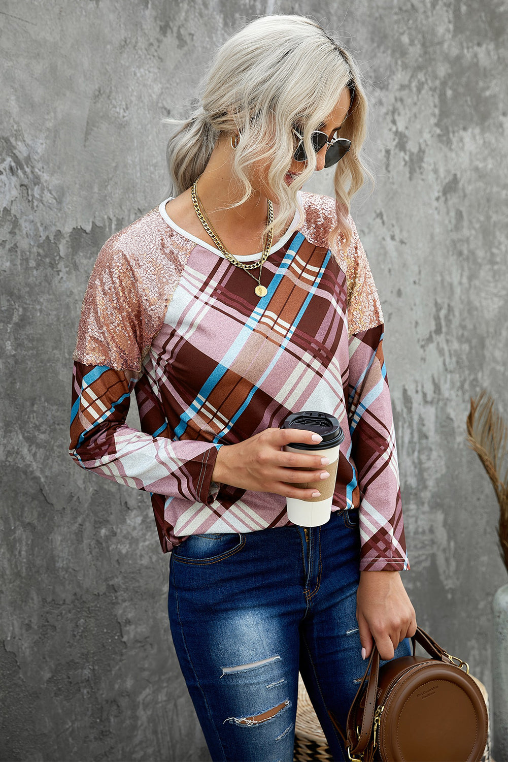 Sequin Shoulder Splicing Leopard Long Sleeve Top
