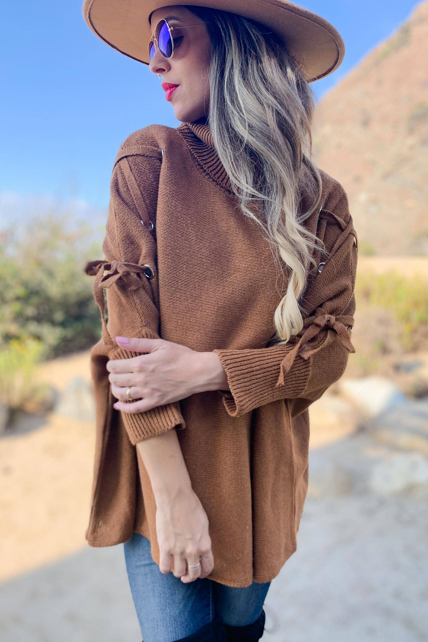 Cognac Lace Up Turtleneck Dolman Sleeve Knitted Top: Free / Cognac