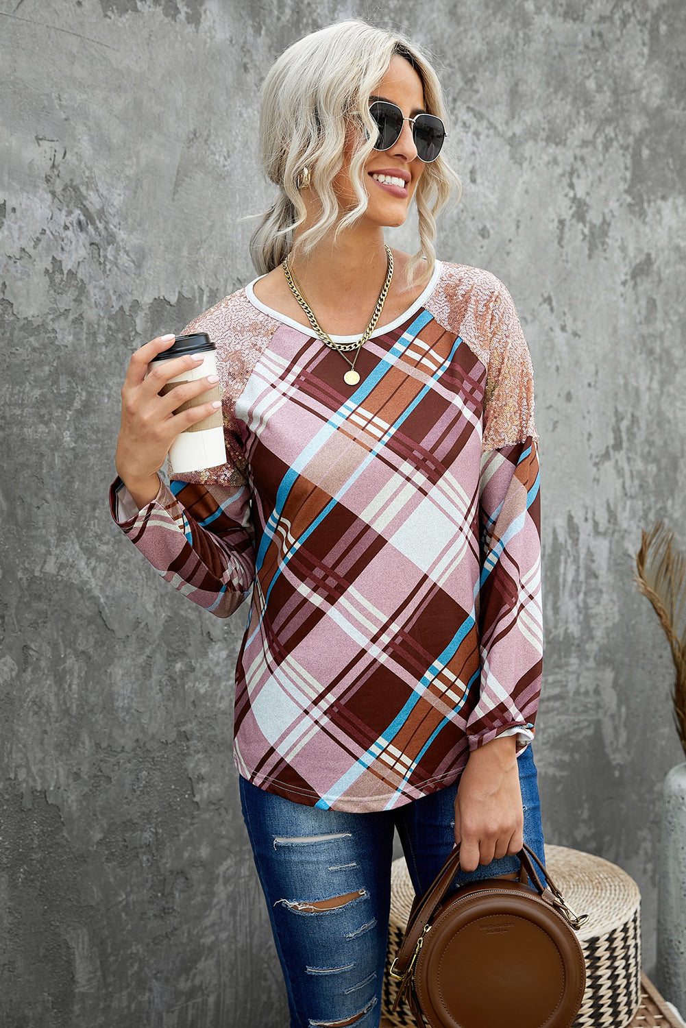 Sequin Shoulder Splicing Leopard Long Sleeve Top