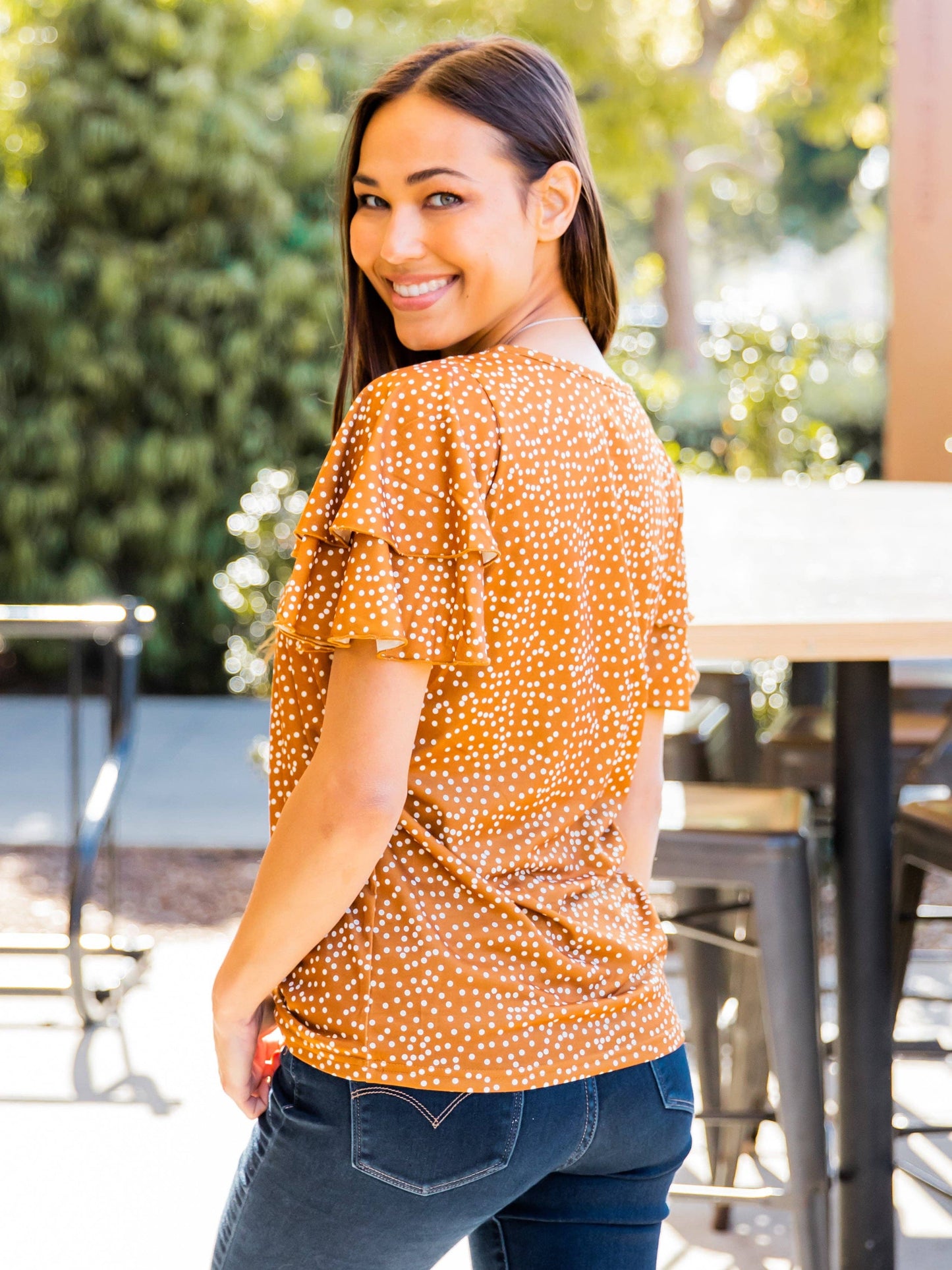 May Ruffle Sleeve Top: Medium / Dot Gold