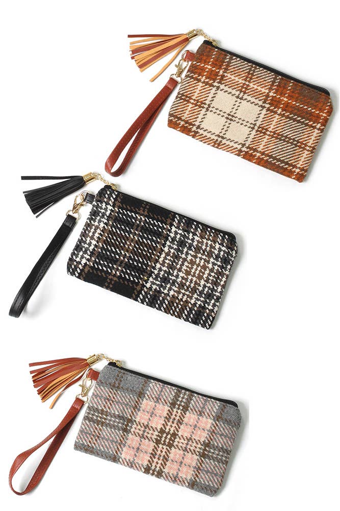 Plaid Check Pattern Pouch Bag with Wristlet